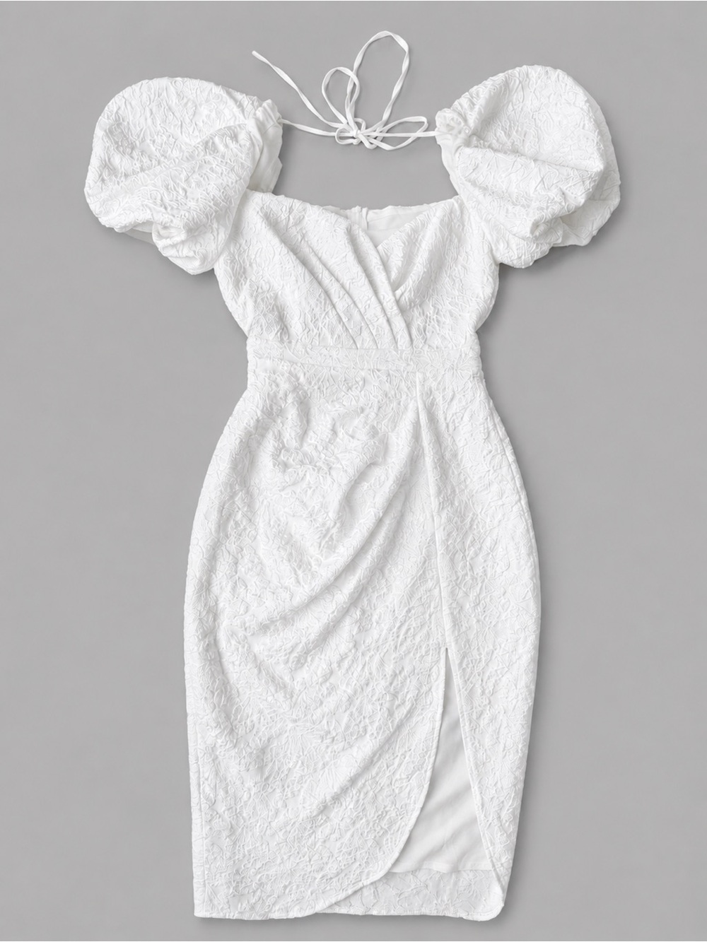 SHEIN White Puff-Sleeve Lace Wrap Midi Court Wedding Dinner Graduation Dress